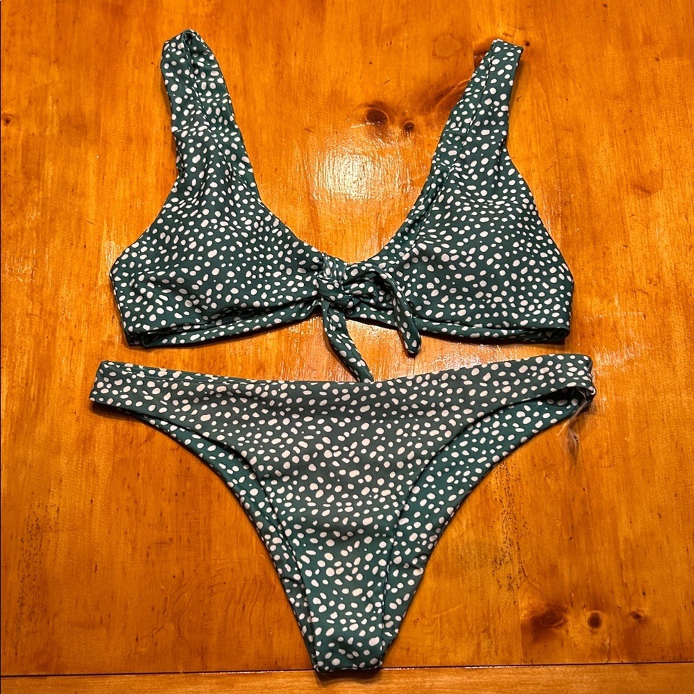 VSCO Girl Green Polka Dot Tie Front Bikini Set Two Piece Swimsuit Y2K Beachy